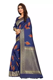 Blue printed Banarasi silk blend saree with blouse