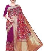 Wine printed Banarasi silk blend Saree with blouse