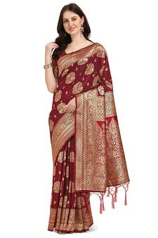 Dark maroon printed Banarasi silk blend saree with blouse