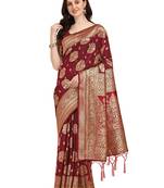 Dark maroon printed Banarasi silk blend saree with blouse