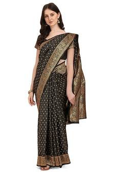Black printed Banarasi silk blend saree with blouse