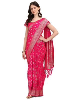 Pink printed Banarasi silk blend saree with blouse 1