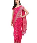 Pink printed Banarasi silk blend saree with blouse