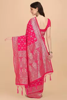 Pink printed Banarasi silk blend saree with blouse