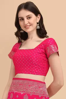Pink printed Banarasi silk blend saree with blouse