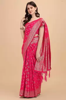 Pink printed Banarasi silk blend saree with blouse