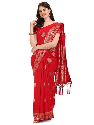 Red plain Banarasi silk blend saree with blouse 1