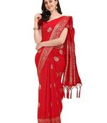 Red plain Banarasi silk blend saree with blouse