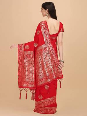 Red plain Banarasi silk blend saree with blouse 2
