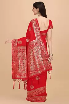 Red plain Banarasi silk blend saree with blouse