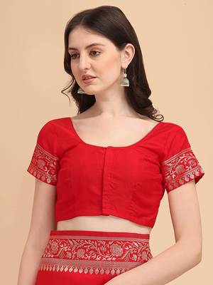 Red plain Banarasi silk blend saree with blouse 3