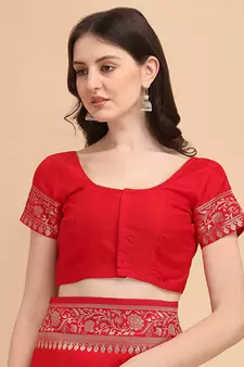 Red plain Banarasi silk blend saree with blouse