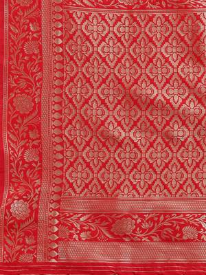 Red plain Banarasi silk blend saree with blouse 4
