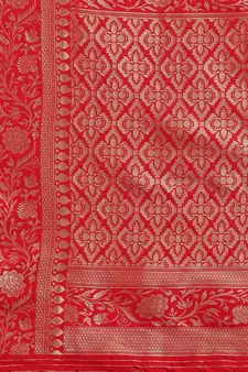 Red plain Banarasi silk blend saree with blouse