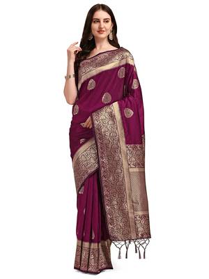 Wine plain Banarasi silk blend saree with blouse 1