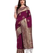 Wine plain Banarasi silk blend saree with blouse