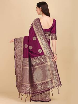 Wine plain Banarasi silk blend saree with blouse 2