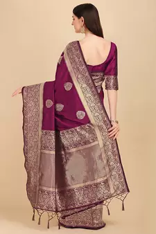 Wine plain Banarasi silk blend saree with blouse