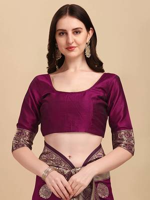 Wine plain Banarasi silk blend saree with blouse 3