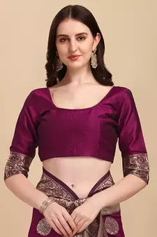 Wine plain Banarasi silk blend saree with blouse