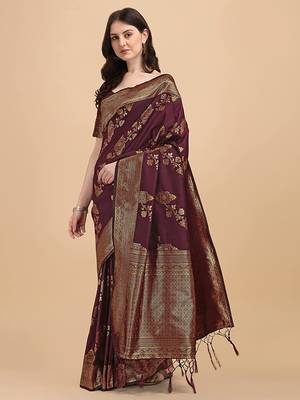 Dark maroon printed Banarasi silk blend saree with blouse 1