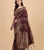 Dark maroon printed Banarasi silk blend saree with blouse