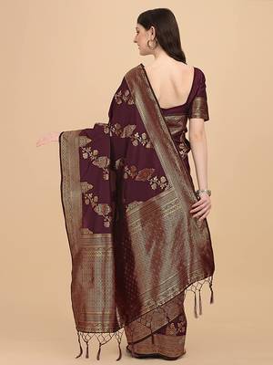 Dark maroon printed Banarasi silk blend saree with blouse 2