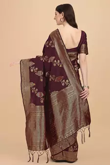 Dark maroon printed Banarasi silk blend saree with blouse