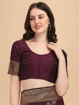 Dark maroon printed Banarasi silk blend saree with blouse 3