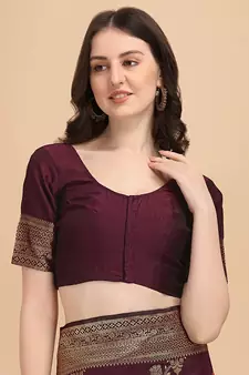 Dark maroon printed Banarasi silk blend saree with blouse