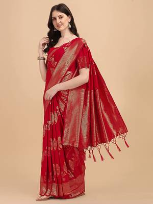 Red printed Banarasi silk blend saree with blouse 1