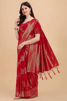 Red printed Banarasi silk blend saree with blouse