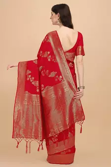 Red printed Banarasi silk blend saree with blouse