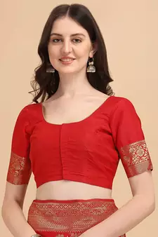Red printed Banarasi silk blend saree with blouse