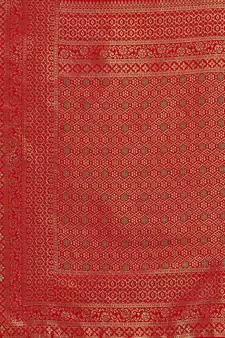 Red printed Banarasi silk blend saree with blouse