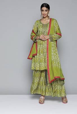 Green floral print silk blend salwar 1