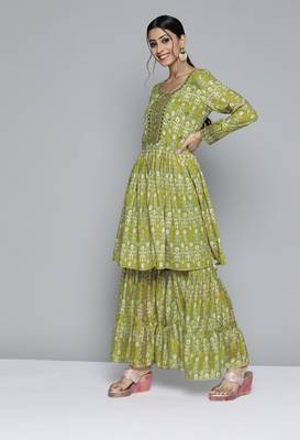Green floral print silk blend salwar 3