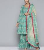 Sky-blue floral print silk blend salwar