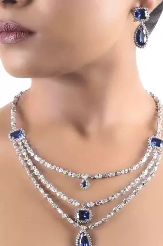 Green 3 Row Solitaire Necklace With Emerald Pendants And Earrings