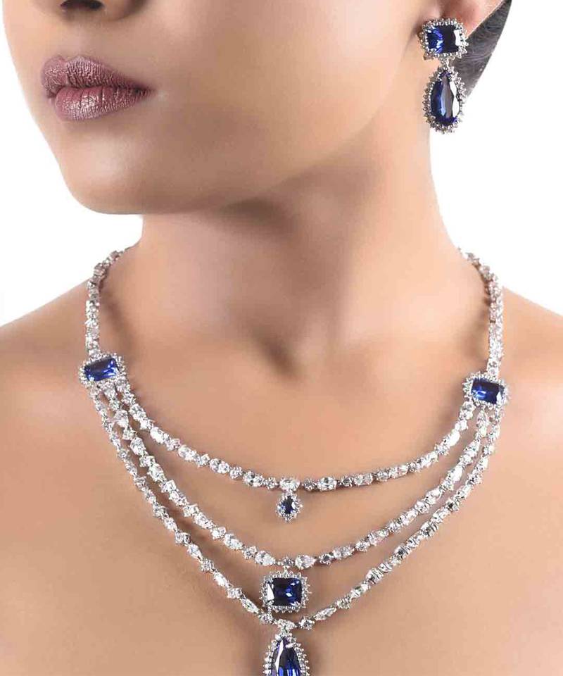 Green 3 Row Solitaire Necklace With Emerald Pendants And Earrings