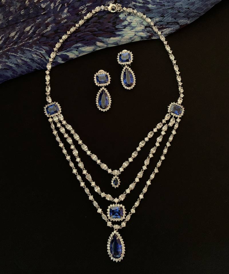 Green 3 Row Solitaire Necklace With Emerald Pendants And Earrings