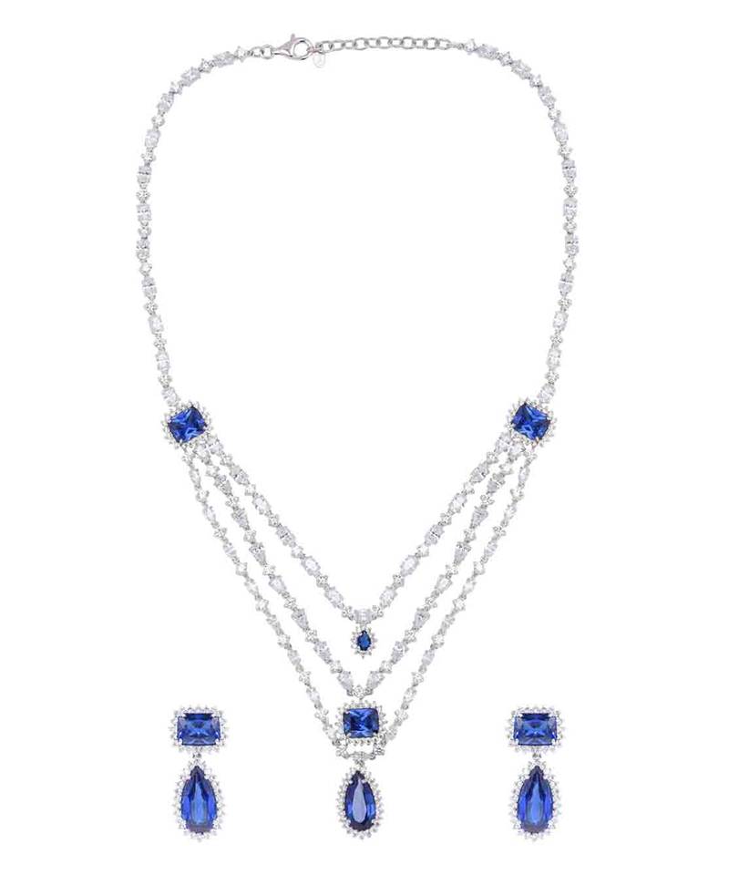 Green 3 Row Solitaire Necklace With Emerald Pendants And Earrings