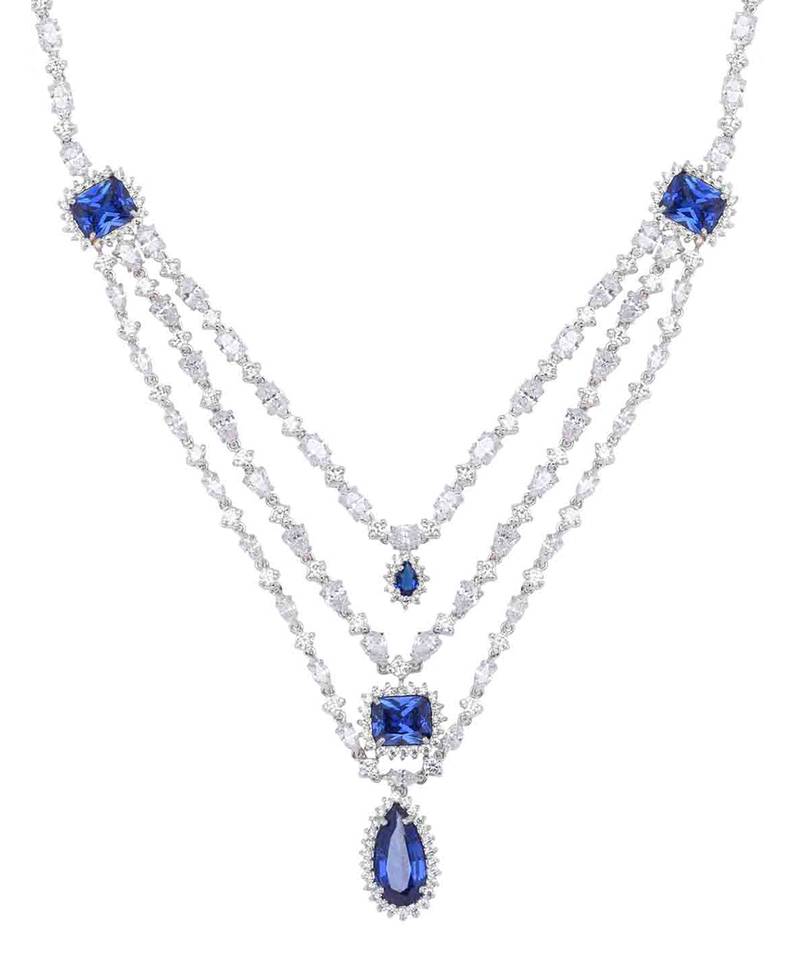 Green 3 Row Solitaire Necklace With Emerald Pendants And Earrings