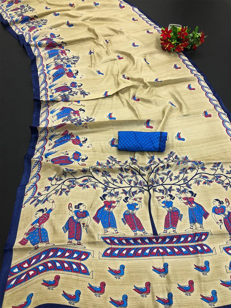 Leeza Store Women's Latest Design Banarasi Art Silk Blend Printed Saree With Blouse Piece