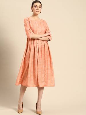 Women's Peach Printed Poly Rayon A-line Dress. 1