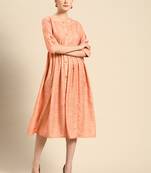 Women's Peach Printed Poly Rayon A-line Dress.