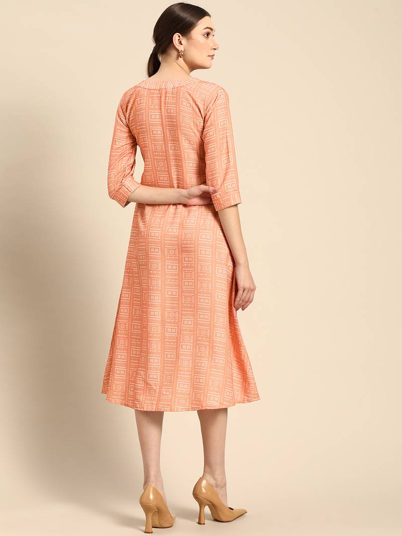 Women's Peach Printed Poly Rayon A-line Dress.