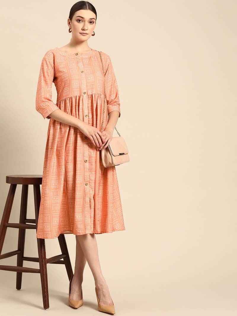Women's Peach Printed Poly Rayon A-line Dress.