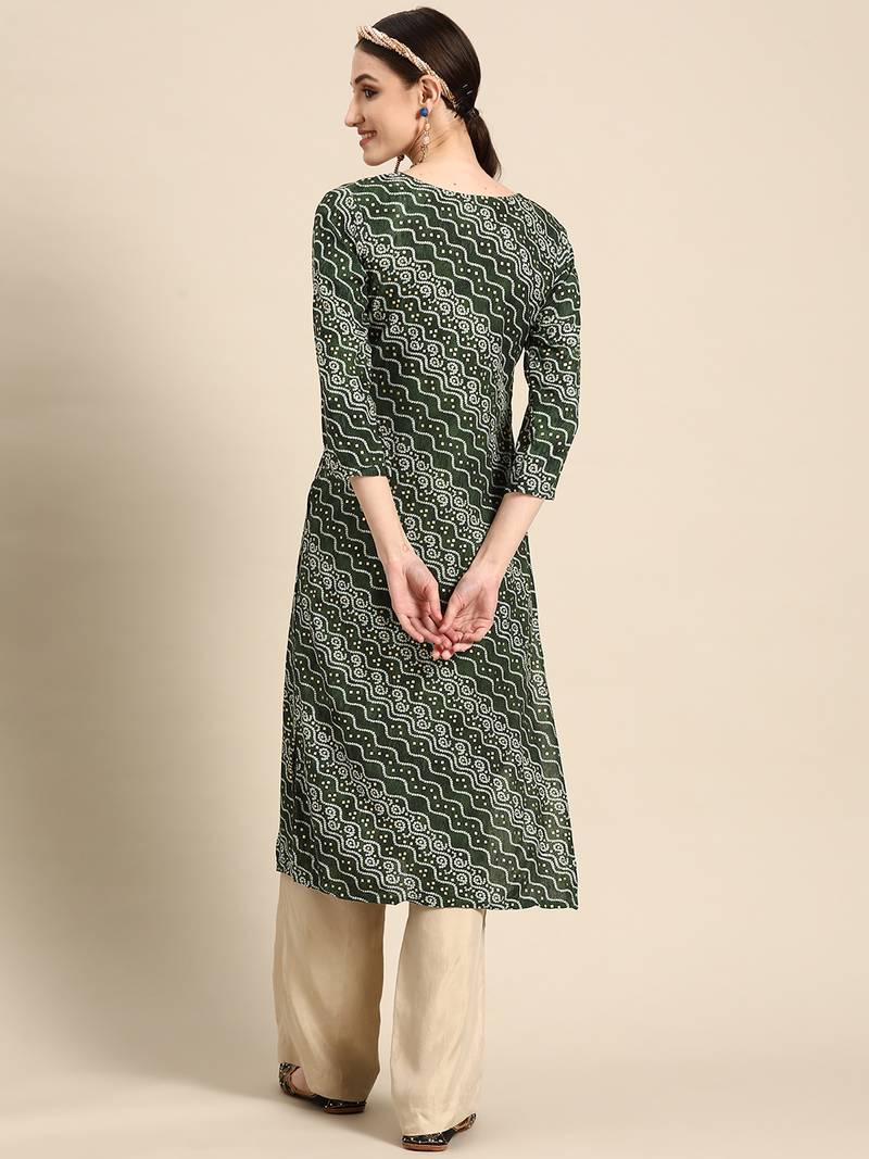 Women's Green Bandhani Printed Rayon Kurta.