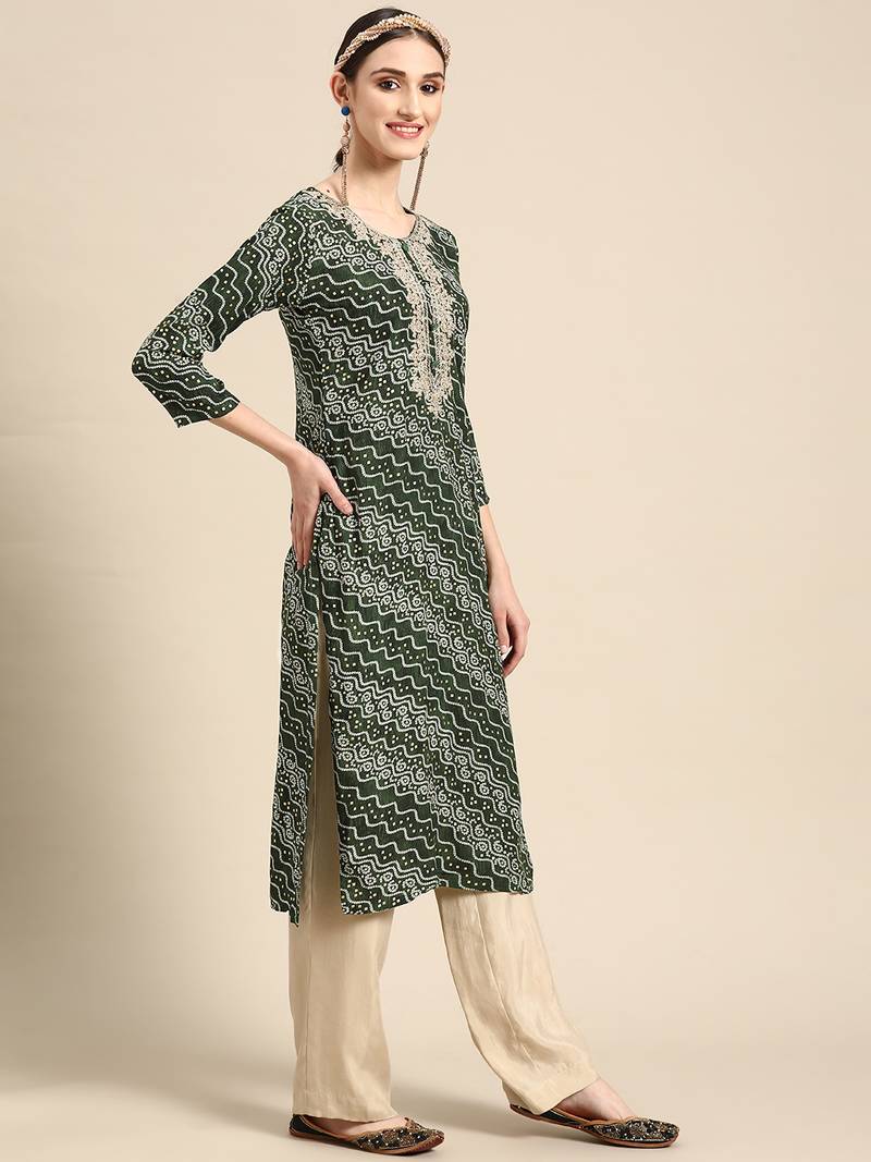 Women's Green Bandhani Printed Rayon Kurta.